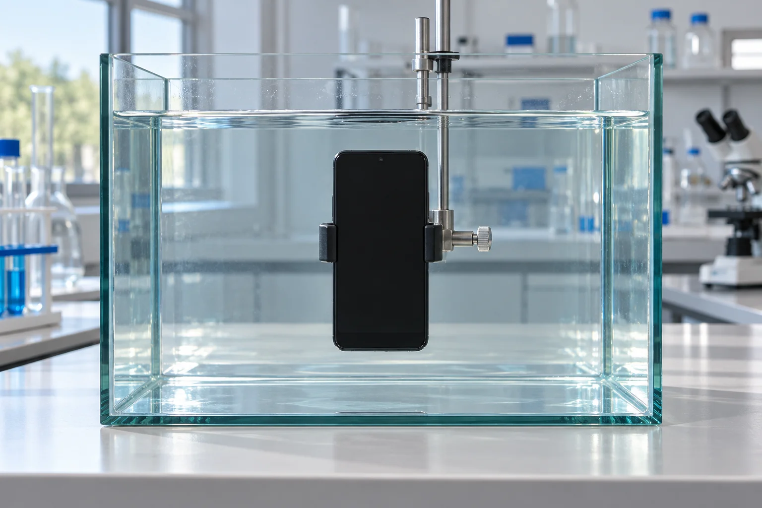 Phone suspended in a clear laboratory water tank
