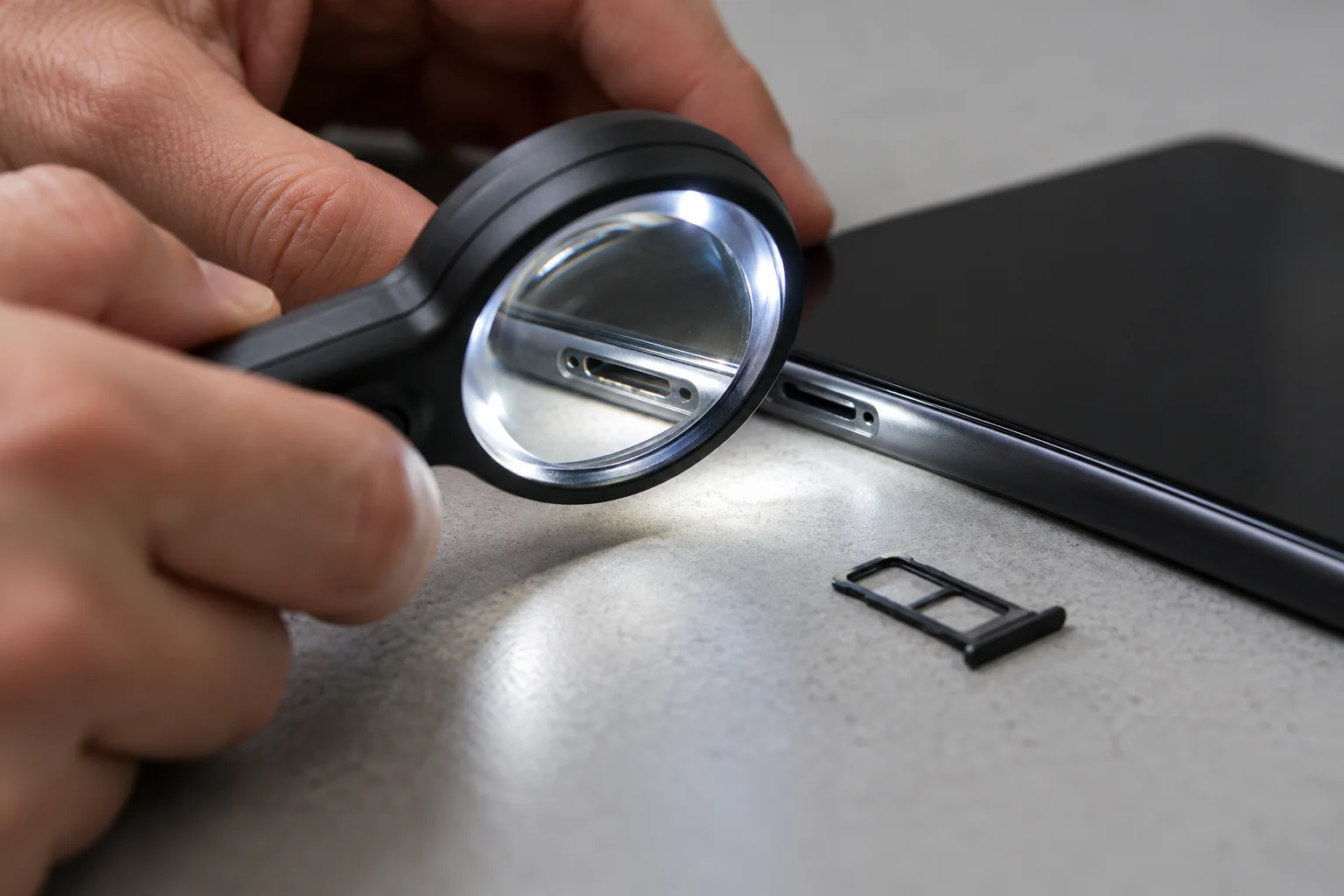 Illuminated magnifier beside a phone side opening and removed tray
