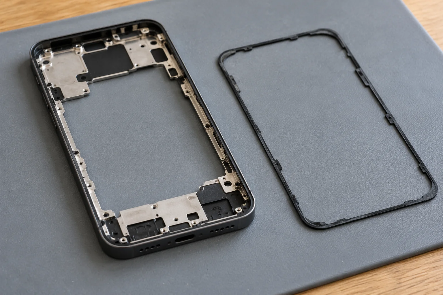 Empty phone frame beside a detached perimeter seal