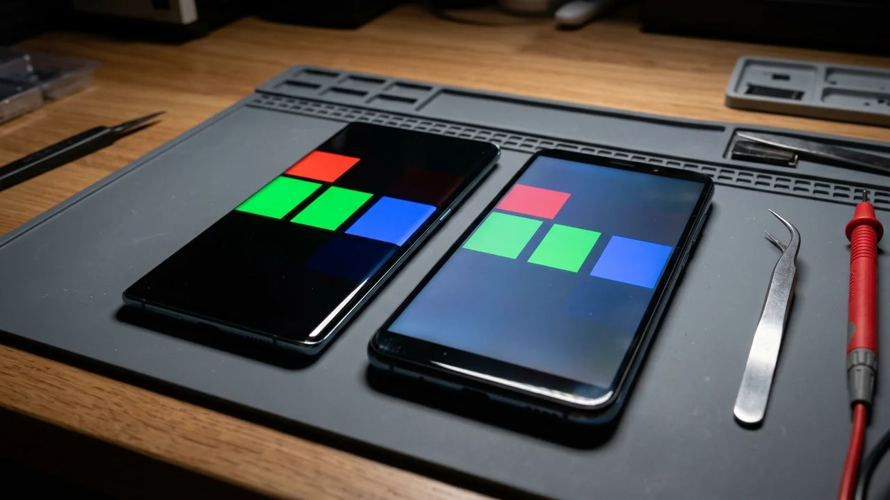 Two smartphones on a repair mat comparing an OLED display with unlit black areas beside an LCD display with uniform backlight glow