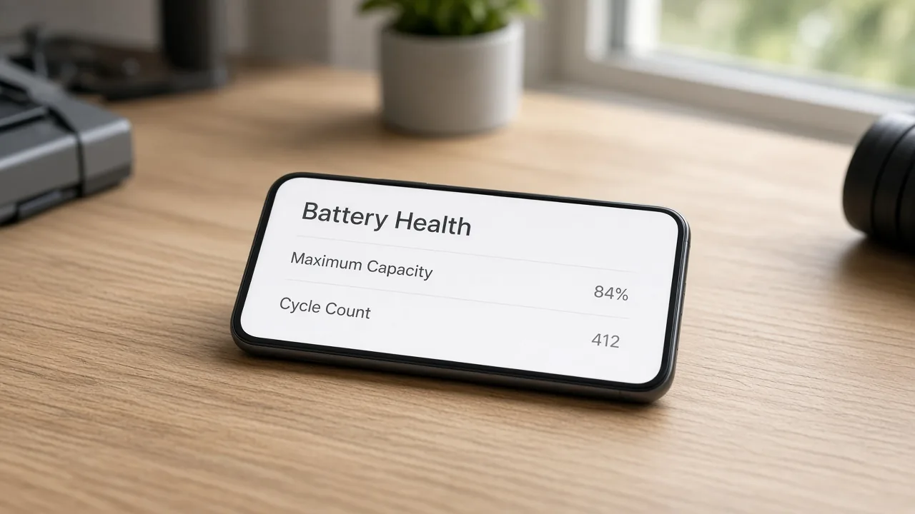 Smartphone on a bench showing Battery Health, Maximum Capacity 84 percent, and Cycle Count 412